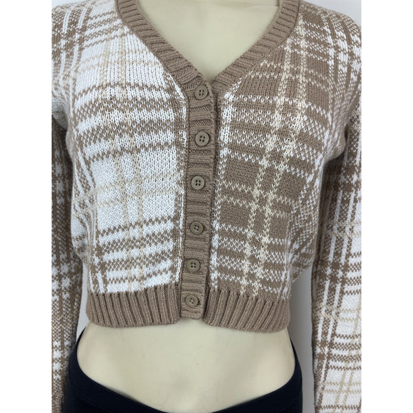 Hollister Womens Cropped Plaid Cardigan Beige & White Button-Down Knit Sweater S