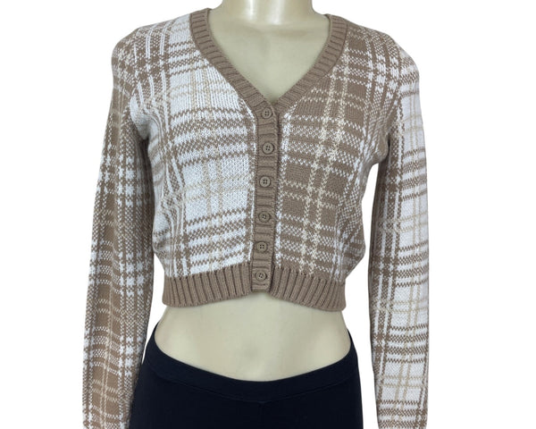 Hollister Womens Cropped Plaid Cardigan Beige & White Button-Down Knit Sweater S