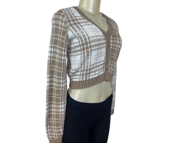 Hollister Womens Cropped Plaid Cardigan Beige & White Button-Down Knit Sweater S