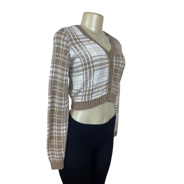 Hollister Womens Cropped Plaid Cardigan Beige & White Button-Down Knit Sweater S