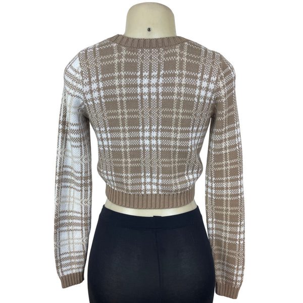 Hollister Womens Cropped Plaid Cardigan Beige & White Button-Down Knit Sweater S
