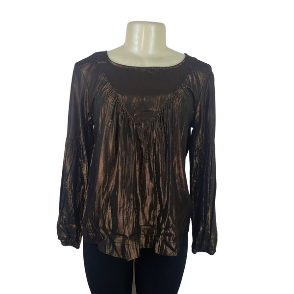 Amadi Womens Metallic Bronze Long Sleeve Blouse XS