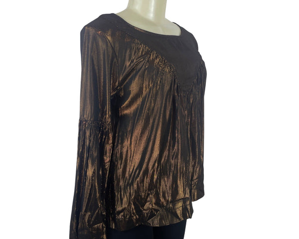 Amadi Womens Metallic Bronze Long Sleeve Blouse XS