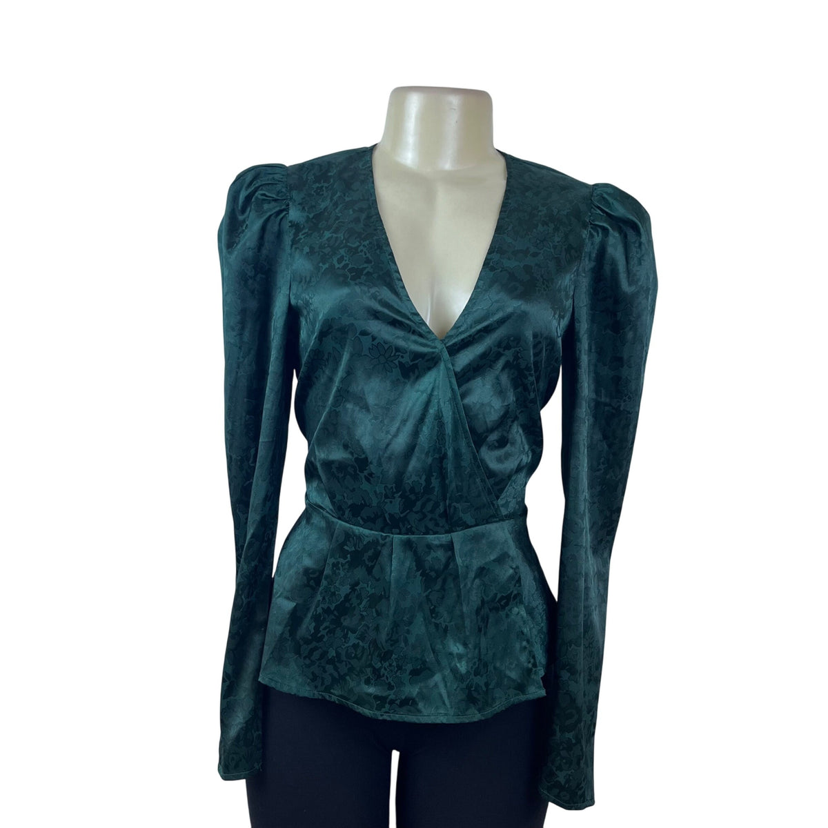 Free Press Womens Green Floral Jacquard Long Sleeve Peplum Blouse Size M