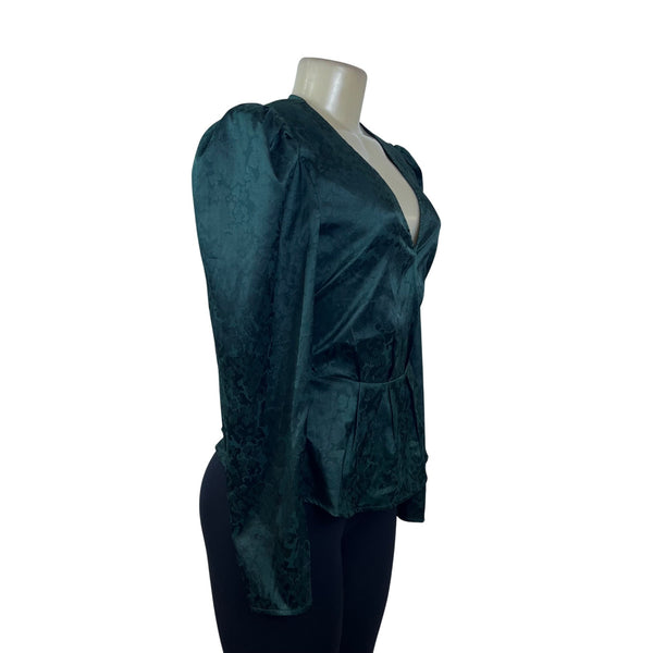 Free Press Womens Green Floral Jacquard Long Sleeve Peplum Blouse Size M