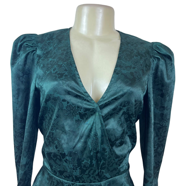 Free Press Womens Green Floral Jacquard Long Sleeve Peplum Blouse Size M