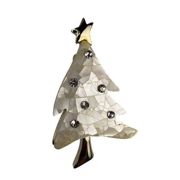 LC Liz Claibone Rhinestone Christmas Tree Pin Gold Tone Pearl-Like Mosaic Brooch