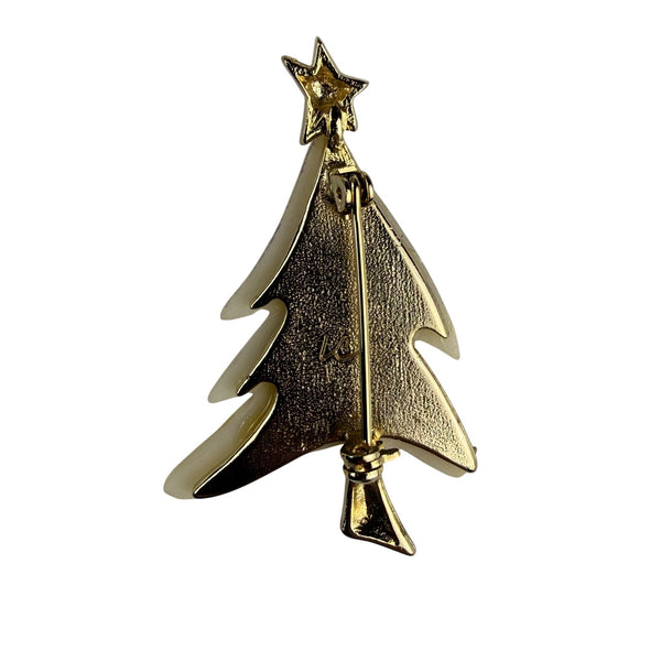 LC Liz Claibone Rhinestone Christmas Tree Pin Gold Tone Pearl-Like Mosaic Brooch