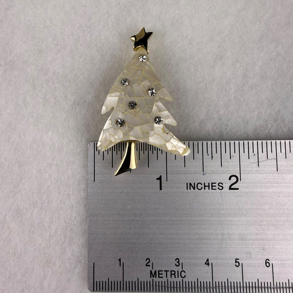 LC Liz Claibone Rhinestone Christmas Tree Pin Gold Tone Pearl-Like Mosaic Brooch
