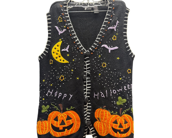 Holiday Editions Womens Black Cotton Ramie Halloween Vest Medium Pumpkin Bat