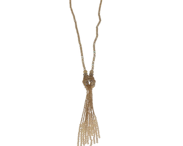 Gold Beaded Tassel Necklace With Crystal Accents Knot Detail Long Strand Jewelry