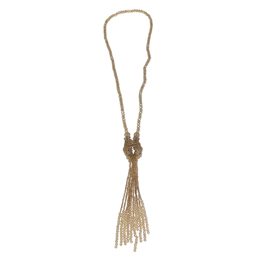 Gold Beaded Tassel Necklace With Crystal Accents Knot Detail Long Strand Jewelry