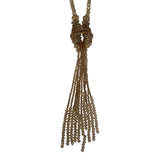 Gold Beaded Tassel Necklace With Crystal Accents Knot Detail Long Strand Jewelry