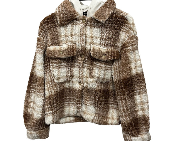 Almost Famous Womens Brown/White Plaid Sherpa Jacket Button Front Oversized M