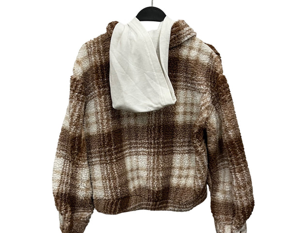 Almost Famous Womens Brown/White Plaid Sherpa Jacket Button Front Oversized M