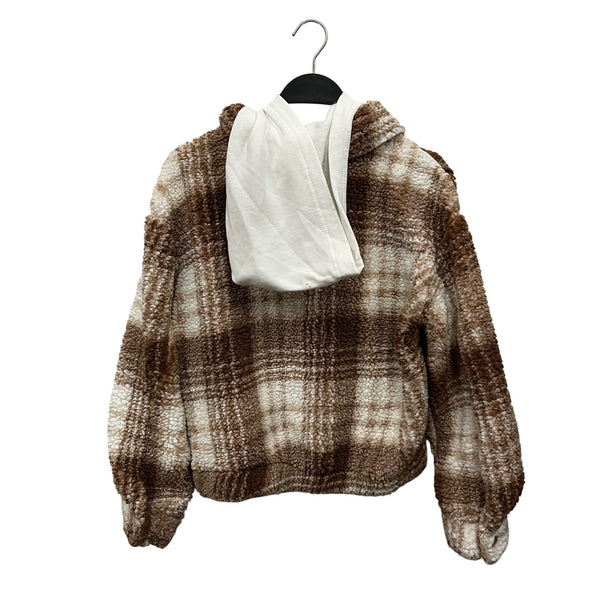 Almost Famous Womens Brown/White Plaid Sherpa Jacket Button Front Oversized M