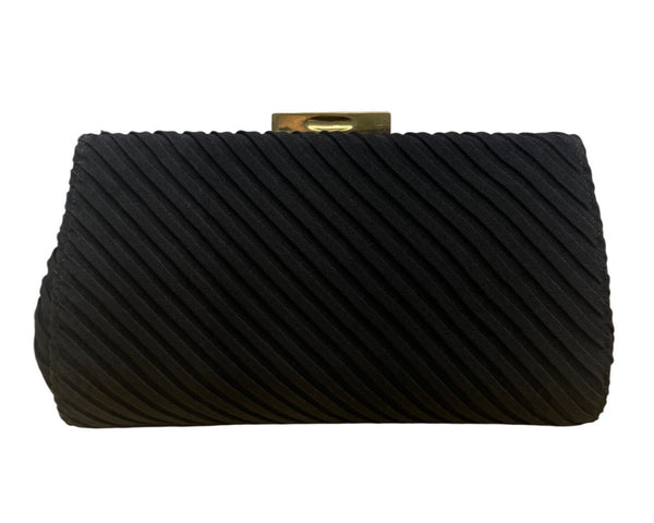 Vintage Black Pleated Clutch With Gold-Tone Clasp & Interior Pocket