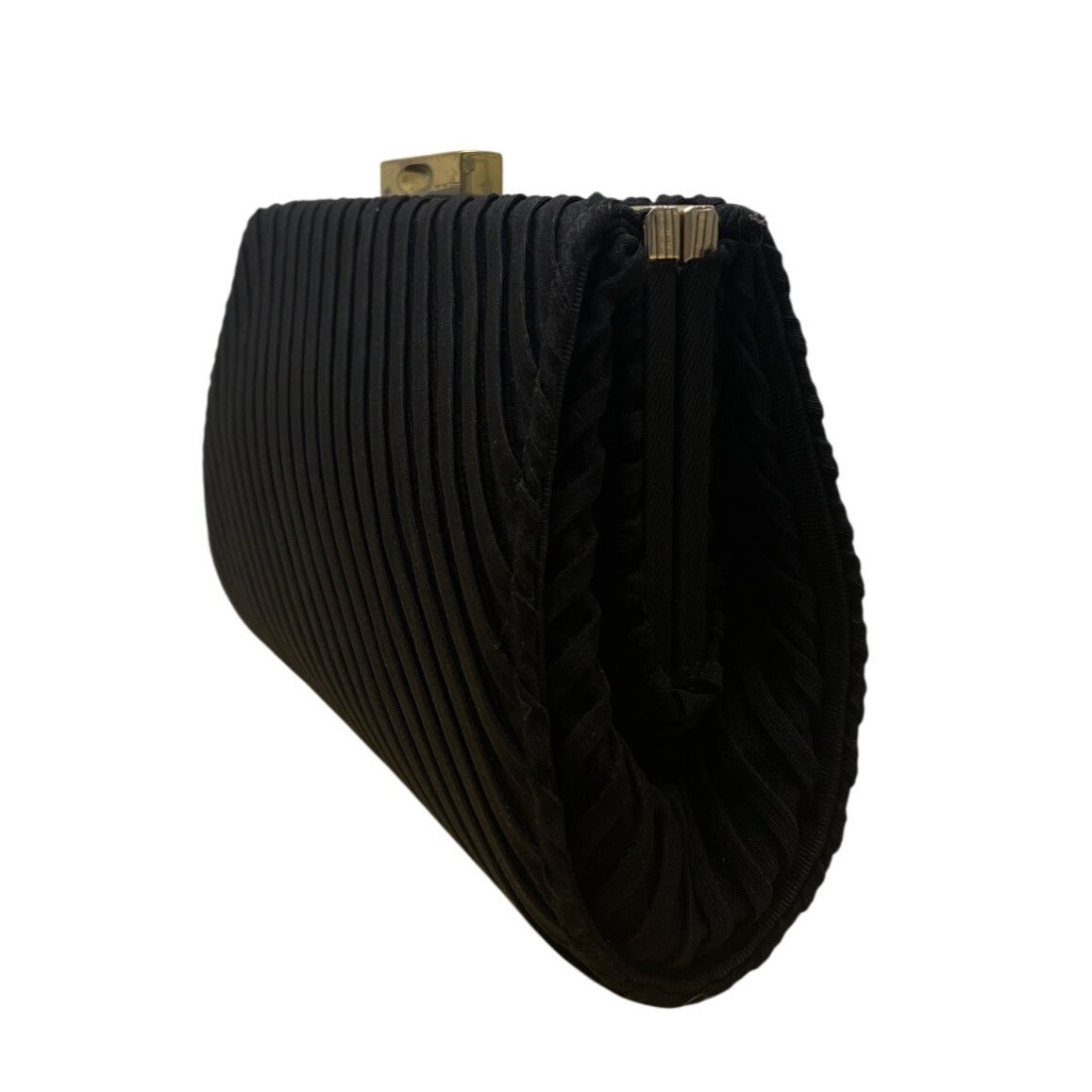 Vintage Black Pleated Clutch With Gold-Tone Clasp & Interior Pocket