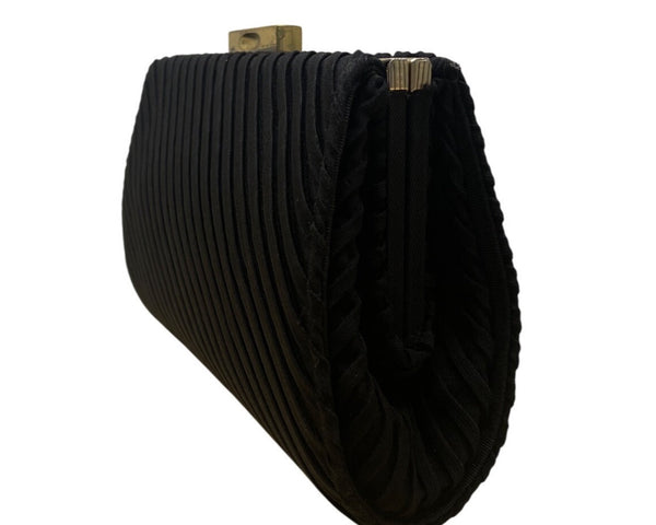 Vintage Black Pleated Clutch With Gold-Tone Clasp & Interior Pocket