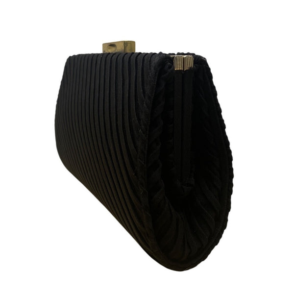 Vintage Black Pleated Clutch With Gold-Tone Clasp & Interior Pocket