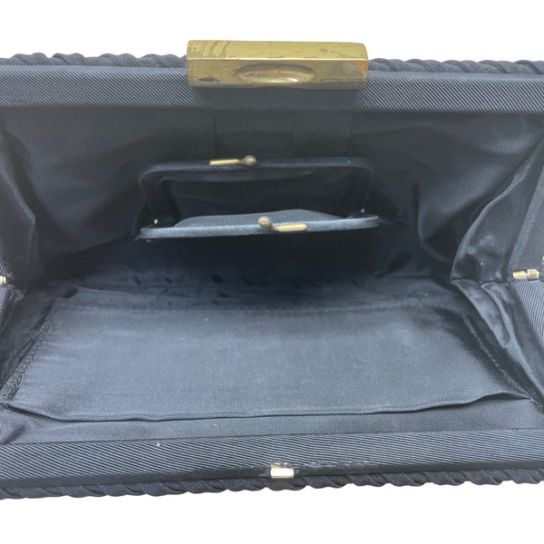Vintage Black Pleated Clutch With Gold-Tone Clasp & Interior Pocket