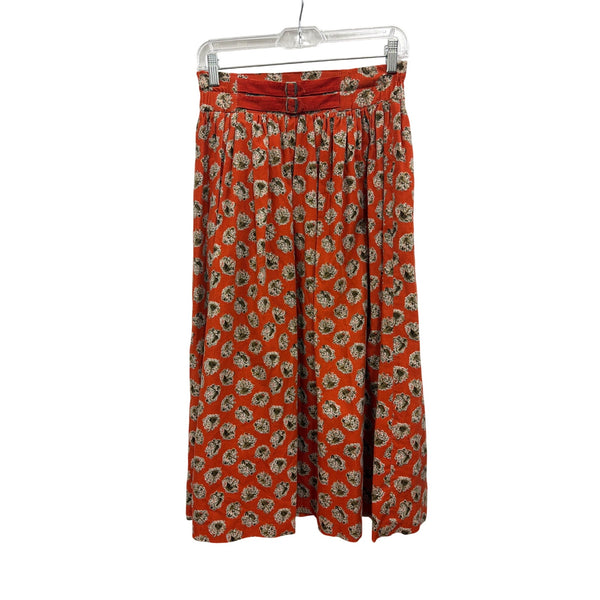 Colette Womens Orange Corduroy Floral Print Midi Skirt Pleated Vintage A-Line S