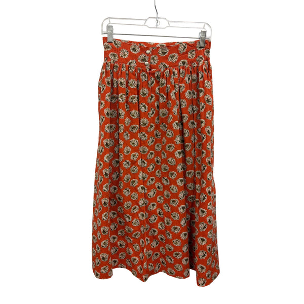 Colette Womens Orange Corduroy Floral Print Midi Skirt Pleated Vintage A-Line S