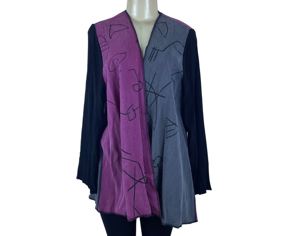 Ahni Women's Black Purple Gray Rayon Abstract Open Jacket Handmade USA Size 2