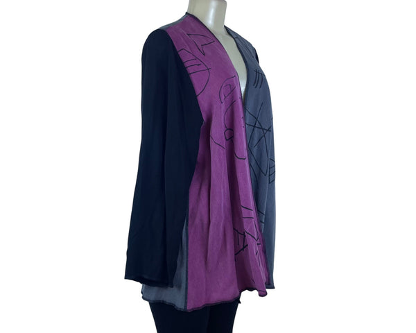 Ahni Women's Black Purple Gray Rayon Abstract Open Jacket Handmade USA Size 2