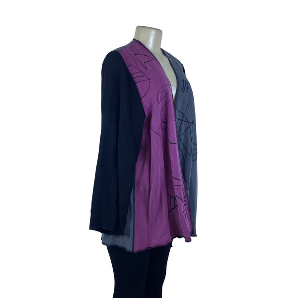 Ahni Women's Black Purple Gray Rayon Abstract Open Jacket Handmade USA Size 2