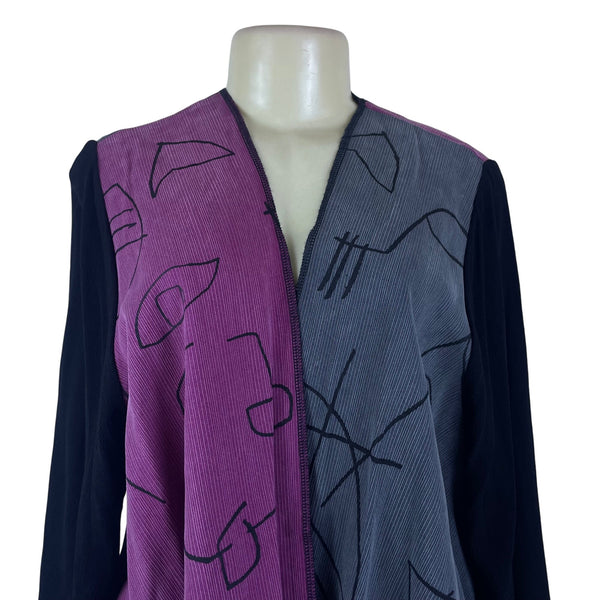 Ahni Women's Black Purple Gray Rayon Abstract Open Jacket Handmade USA Size 2