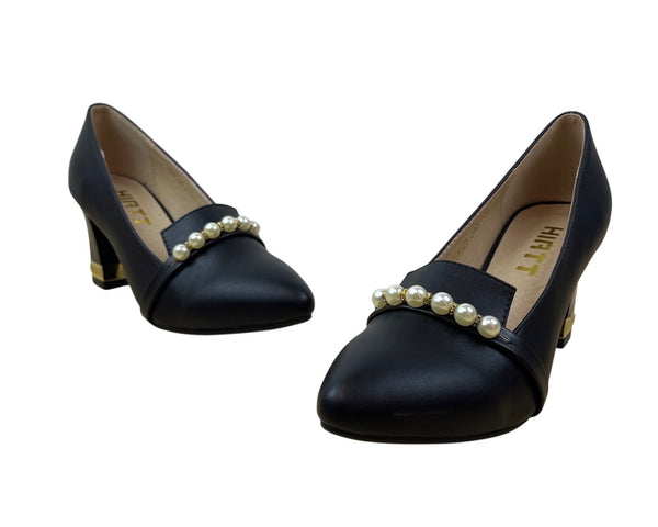 Hirtt Women’s Black Faux Leather Pearl Embellishments & Gold Accent Pumps Sz 7