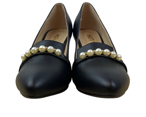 Hirtt Women’s Black Faux Leather Pearl Embellishments & Gold Accent Pumps Sz 7