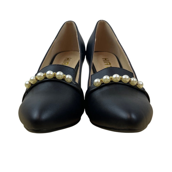 Hirtt Women’s Black Faux Leather Pearl Embellishments & Gold Accent Pumps Sz 7