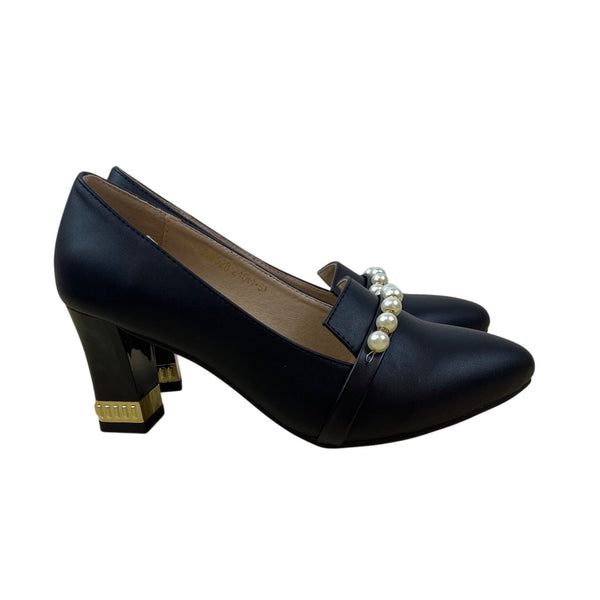 Hirtt Women’s Black Faux Leather Pearl Embellishments & Gold Accent Pumps Sz 7