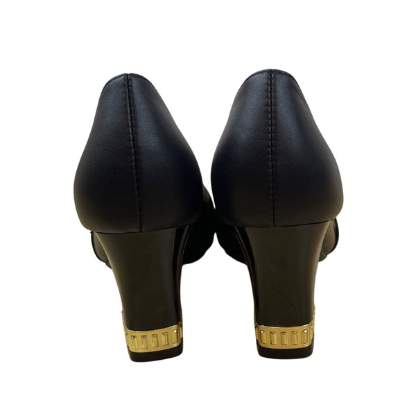Hirtt Women’s Black Faux Leather Pearl Embellishments & Gold Accent Pumps Sz 7