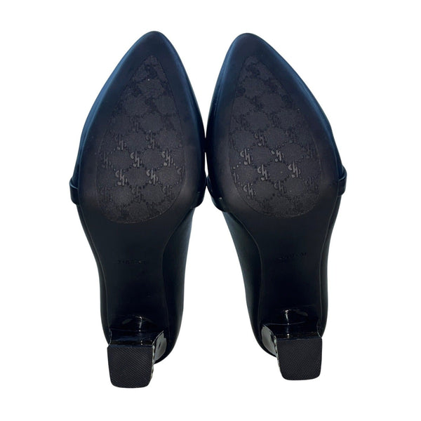 Hirtt Women’s Black Faux Leather Pearl Embellishments & Gold Accent Pumps Sz 7