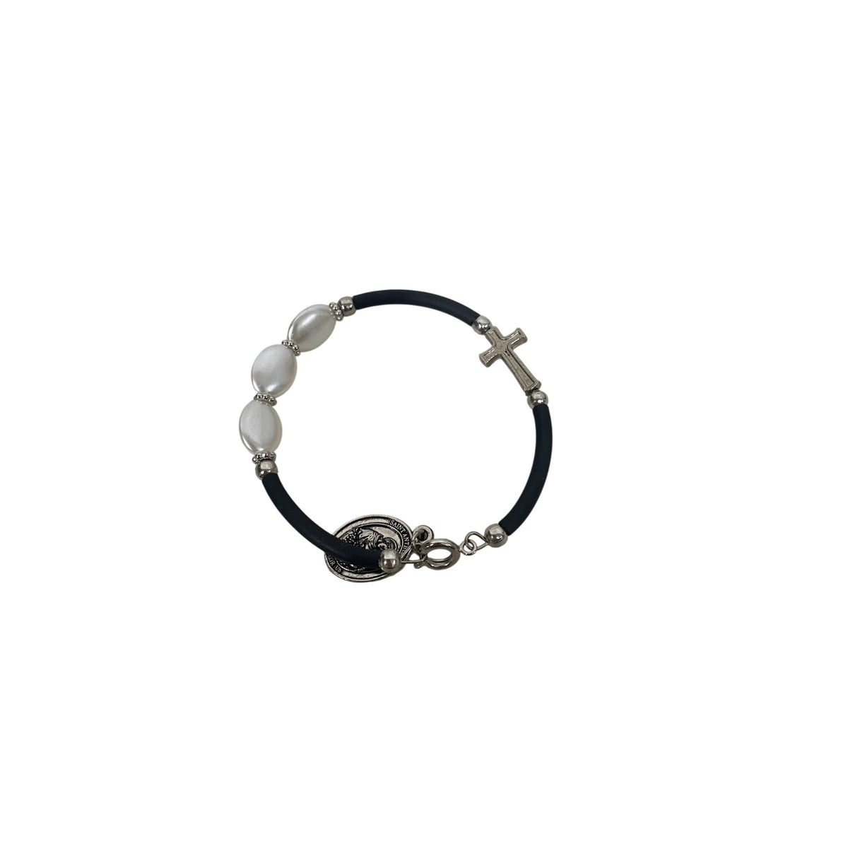 Catholic Womens White & Black Beaded Bracelet With Cross & St. Benedict Medallion