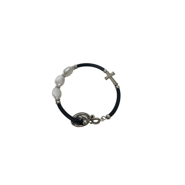 Catholic Womens White & Black Beaded Bracelet With Cross & St. Benedict Medallion