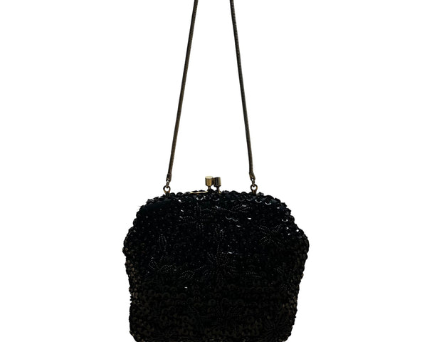 Unbranded Vintage Black Sequin Beaded Metal Frame & Chain Strap Evening Purse