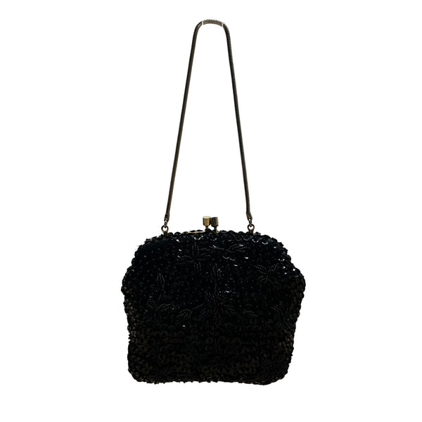 Unbranded Vintage Black Sequin Beaded Metal Frame & Chain Strap Evening Purse