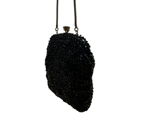 Unbranded Vintage Black Sequin Beaded Metal Frame & Chain Strap Evening Purse