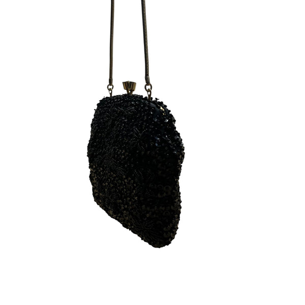 Unbranded Vintage Black Sequin Beaded Metal Frame & Chain Strap Evening Purse