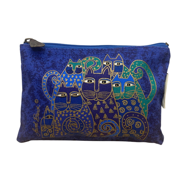 Laurel Burch Women’s Blue Canvas Zipper Whimsical Cat Artwork Small Pouch Bag
