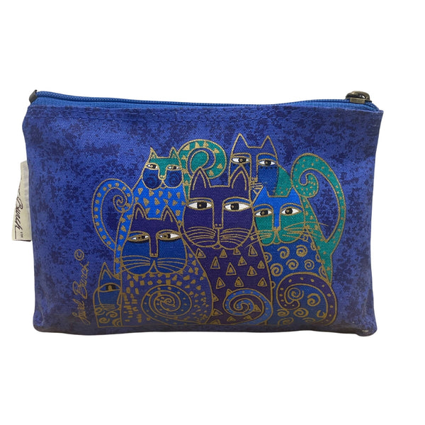 Laurel Burch Women’s Blue Canvas Zipper Whimsical Cat Artwork Small Pouch Bag