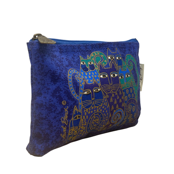 Laurel Burch Women’s Blue Canvas Zipper Whimsical Cat Artwork Small Pouch Bag
