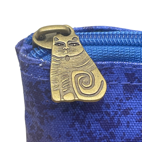 Laurel Burch Women’s Blue Canvas Zipper Whimsical Cat Artwork Small Pouch Bag