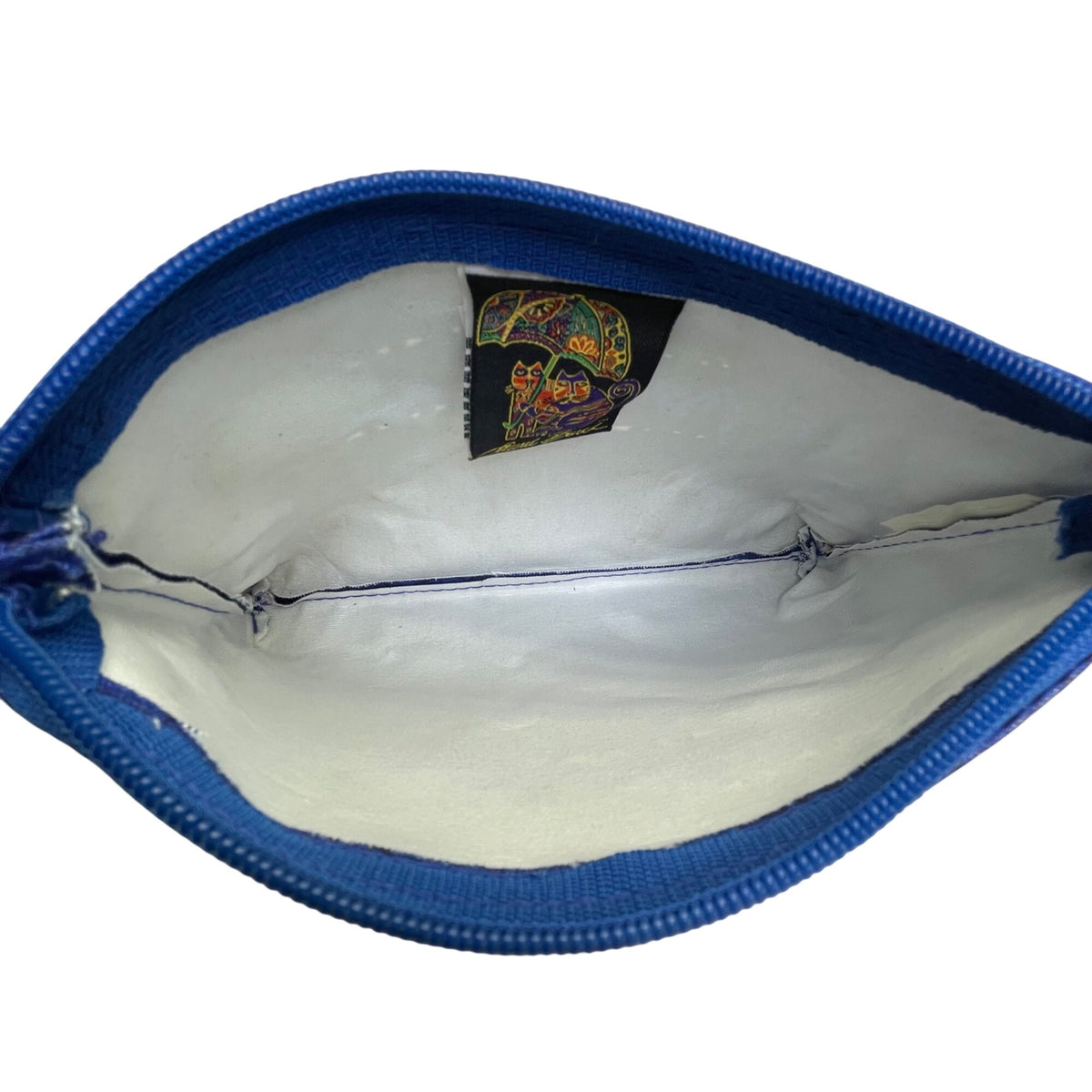 Laurel Burch Women’s Blue Canvas Zipper Whimsical Cat Artwork Small Pouch Bag