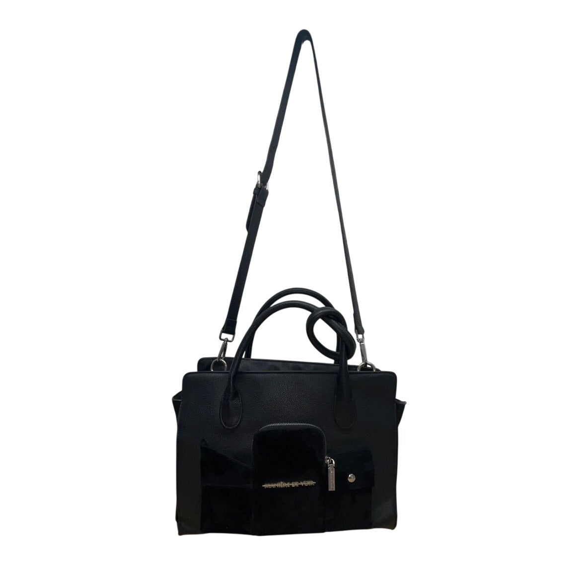 Maniere De Voir Black Faux Leather Looped Handle Multi Pocket City Tote Bag