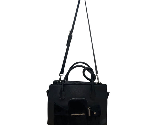 Maniere De Voir Black Faux Leather Looped Handle Multi Pocket City Tote Bag
